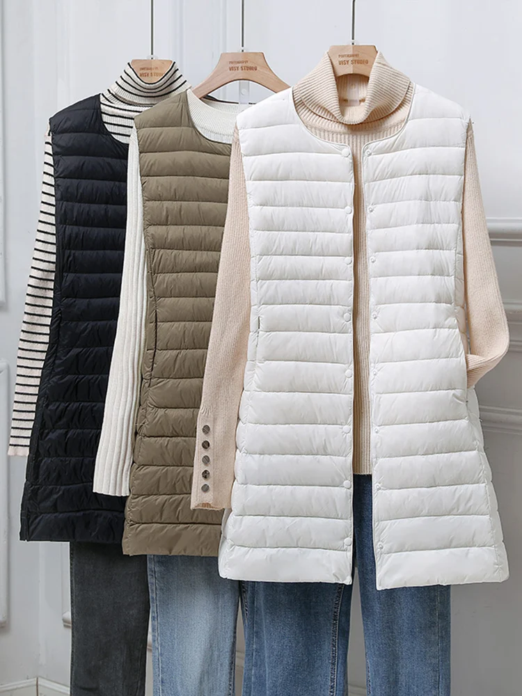 

Ульсветильник легкий тонкий зимний жилет на утином пуху, женские тонкие длинные куртки, повседневный стеганый базовый жилет для осени ED1817