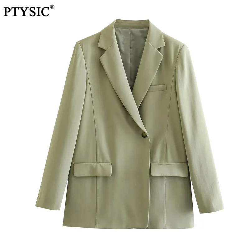 

PTYSIC Women Elegant Masculine Double Breasted Blazer Lapel Collar Long Sleeves Padded Shoulders Flap Pockets Single Button Coat