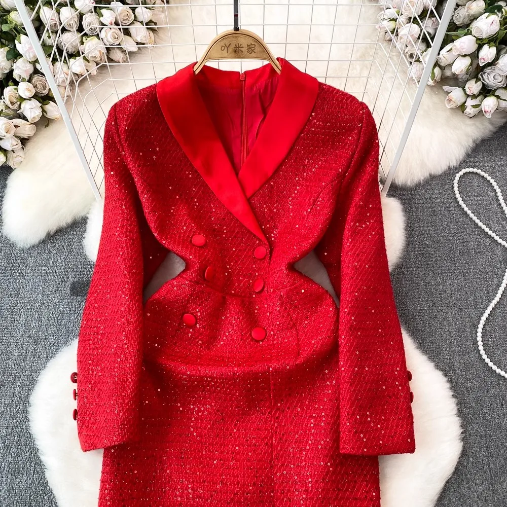 Женское двубортное платье с V-образным вырезом и длинным рукавом