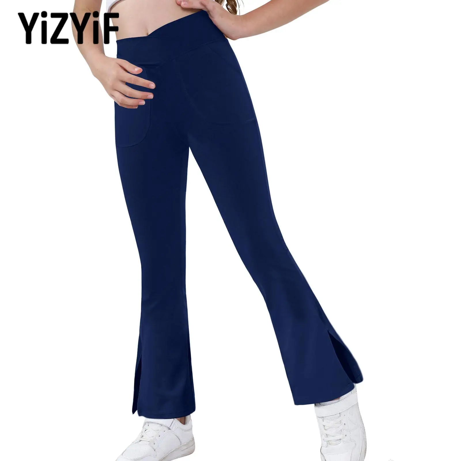 

Kids Girls High Waist Bell Bottoms Yoga Cross Waistband Side Split Flared Pants Bell Bottoms Stretchy Pants Dance Sport Pants