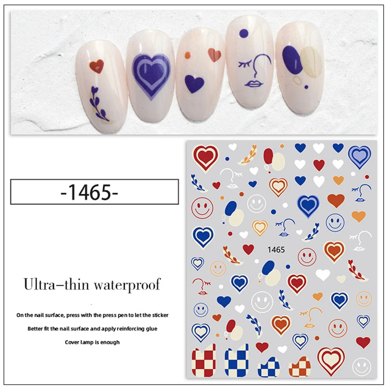 

3D heart sticker for nail art decoration fashion eye leaves moon snake geometric milk cow spots design peel off nail decal YJ068