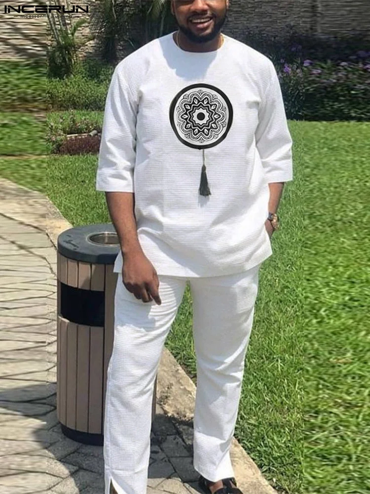 

Africa Men Sets Muslim Simple 2023 New Casual Ordinary Medium Sleeve White Cotton Spring Autumn National Style Suit Two Pieces
