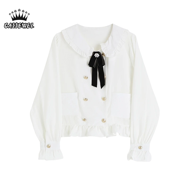 

Women's Elegant Blouses White Bow-Knot Doll Collar Laciness Long Sleeves Casual Fashion Button Vintage Baggy Shirts Tops Ladies