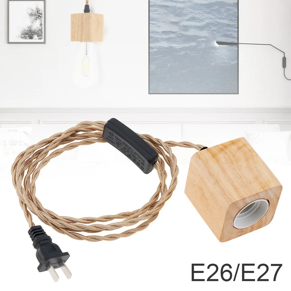 

E26/E27 Wood Pendant Light Kit Wood Covered Ceramic Light Socket Switch Wire for Home Kitchen Creative Retro Decoration