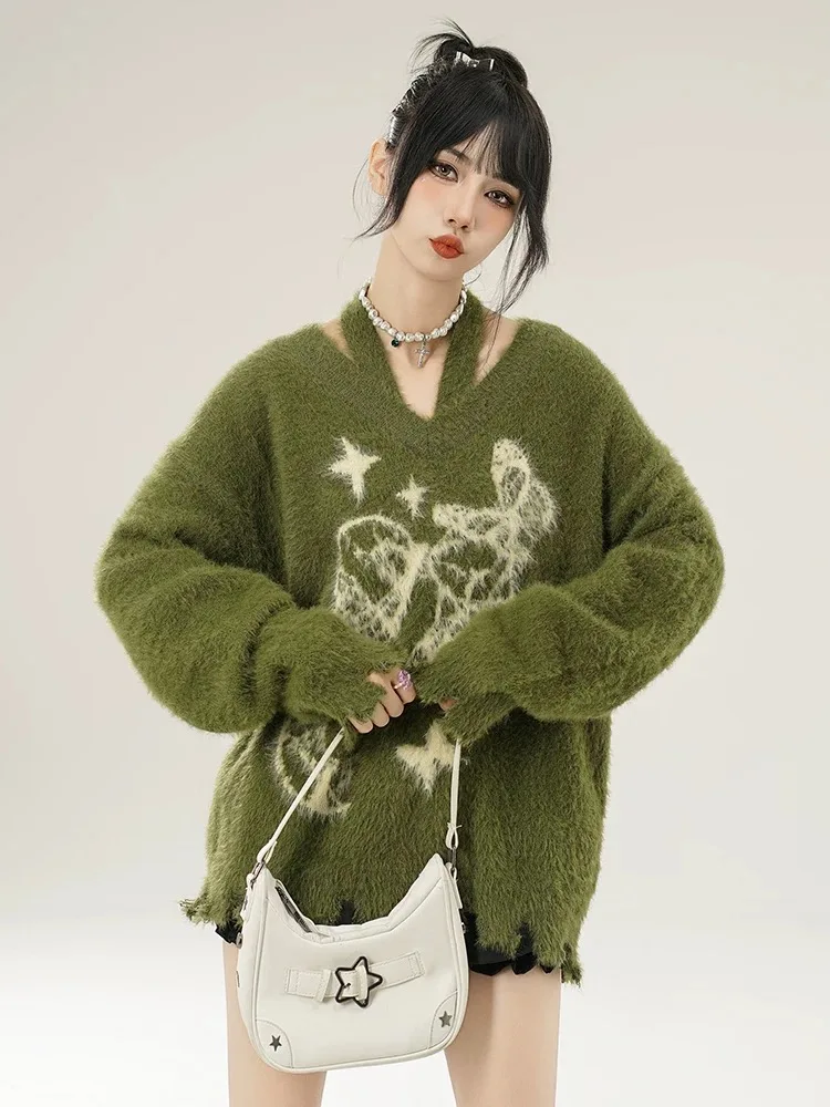 Винтажный свитер с черными дырками и ленивым принтом джемперы осень-зима новые