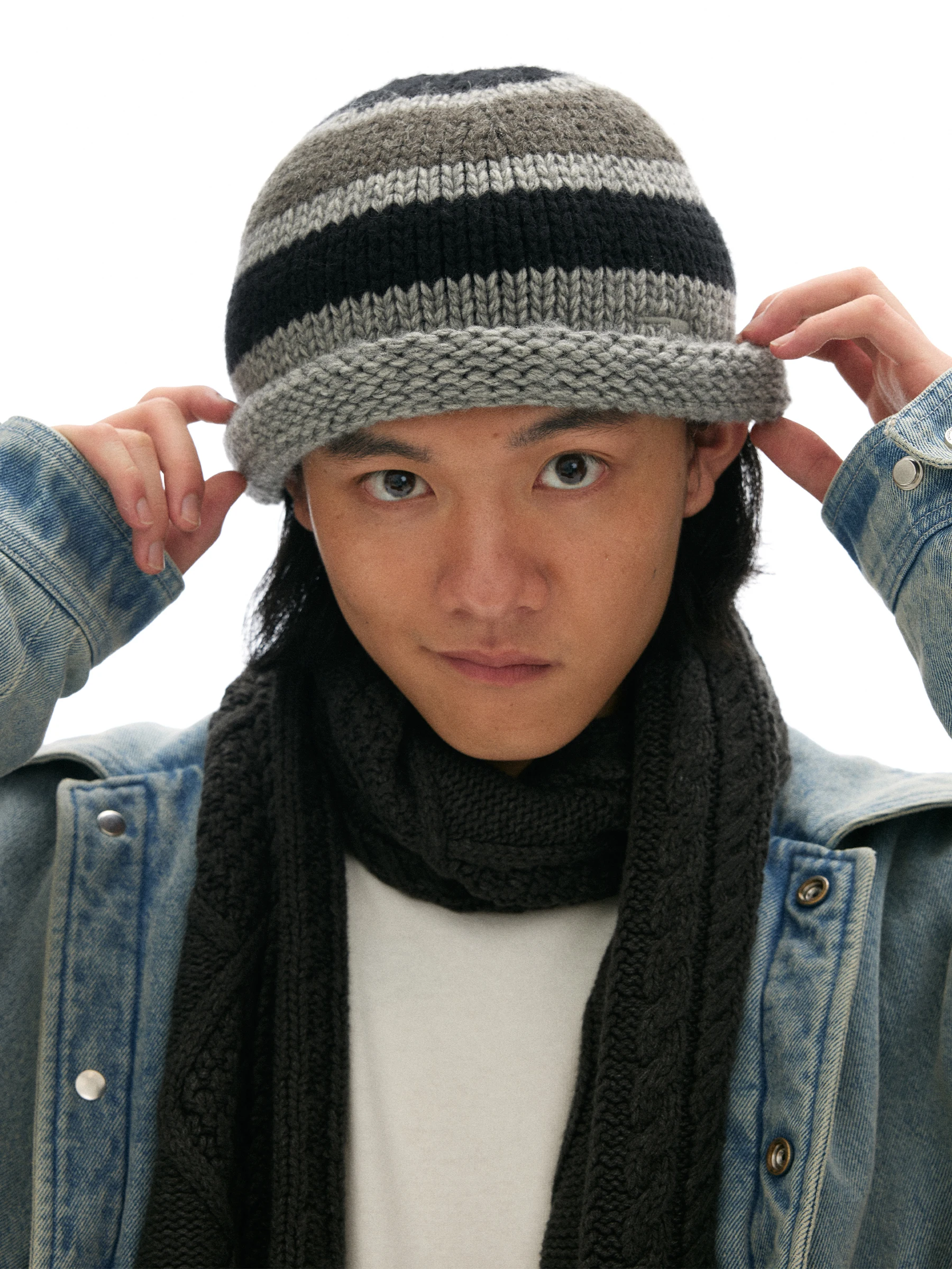 Chemical Stripe Brim Knitted Hat C4_blk/Gry/Crm_beanie