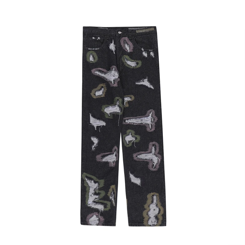 Harajuku Destroy Ripped Holes Denim Jeans Mens Zipper Jeans Hip Hop Fashion Streetwear New Casual Straight Joggers Jean Pants