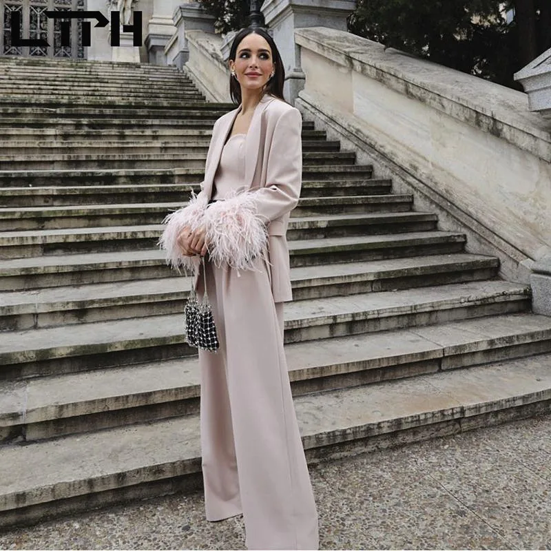 LTPH blazer set women three-piece suit vintage casual loose feathers sleeve blazers camisole wide-leg pant suits 2023 autumn new