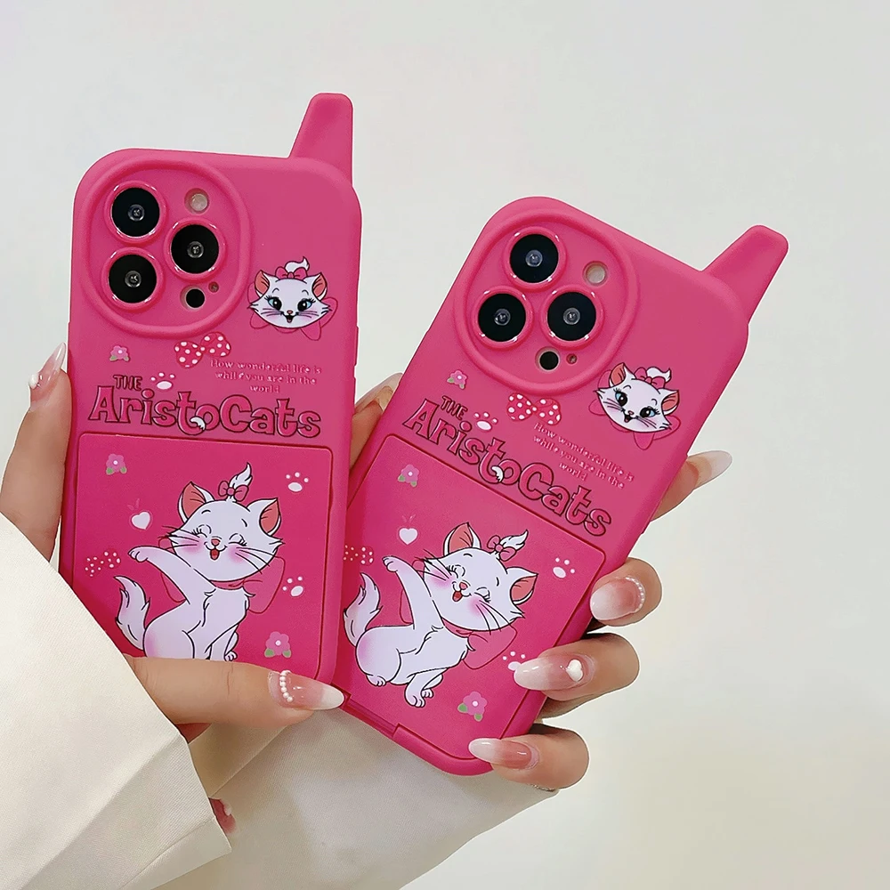 

Cartoon Pink Disney Mary Cat With Vanity Mirror Phone Case for IPhone 14 13 12 11 Pro Max 14 Pro Anti-drop Back Cover Fundas
