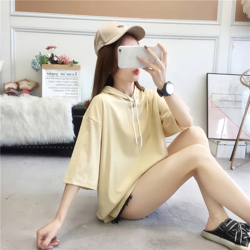 Korean solid Loose basic hooded t shirt summer cotton Short Sleeve T-shirts Women casual white tops tshirt young girl streetwear images - 6