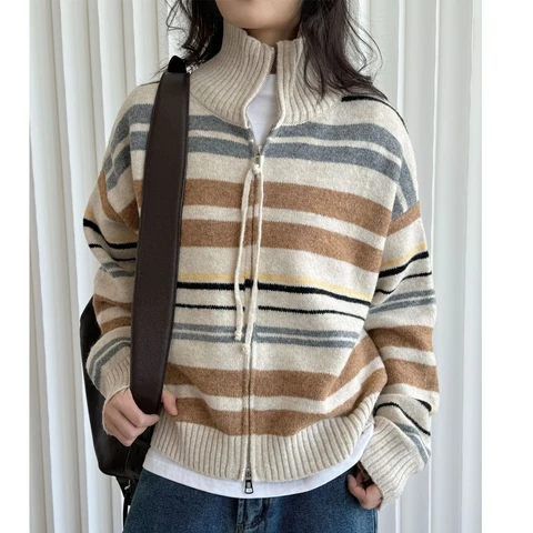 2024, женский полосатый вязаный свитер с воротником-стойкой, кашемировые кардиганы с длинными рукавами, одежда, топы для женщин, свитер Pull Femme