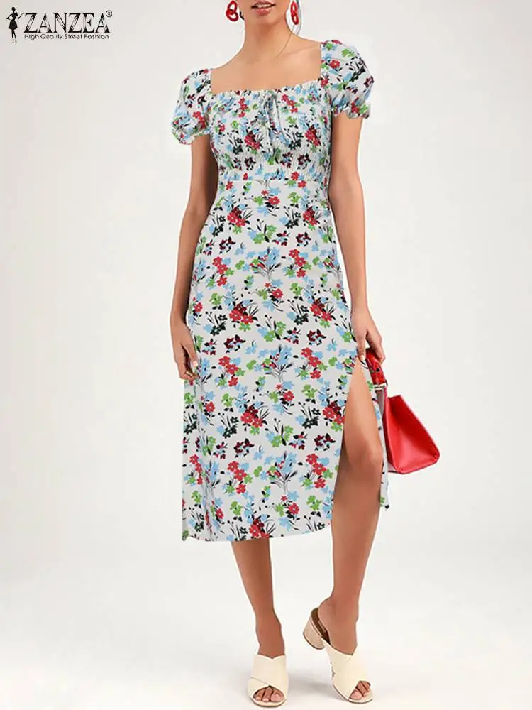 

Women Elegant Sundress 2022 Summer Beach Printed Robe Femme ZANZEA Fashion Puff Sleeve Vestidos Holiday Knee Dress Slit Dresses