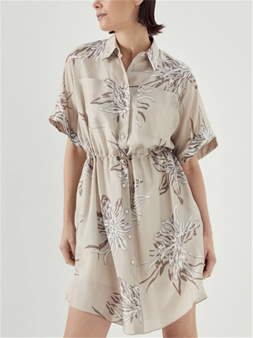 Women Turn-Down Collar 100% Silk Mini Dress 2023 New Ladies Fashion Print Short Sleeve Single Breasted Casual Short Robe