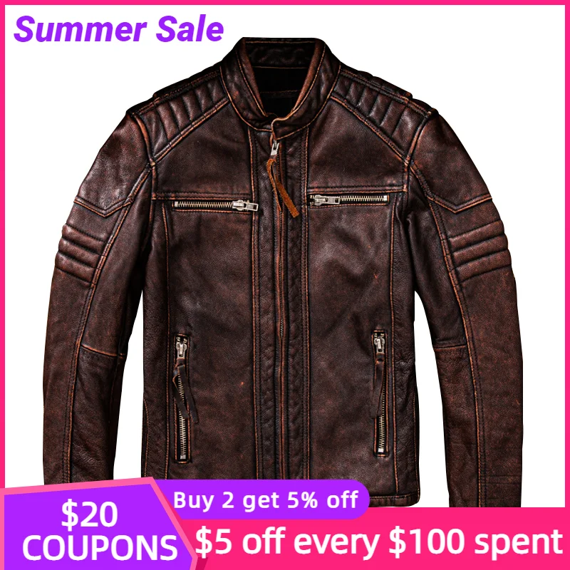 

2022 Vintage Brown Genuine Leather Jacket Men Large Size 4XL Real Natural Cowhide Autumn Slim Fit Short Biker Coat 90kg Wear