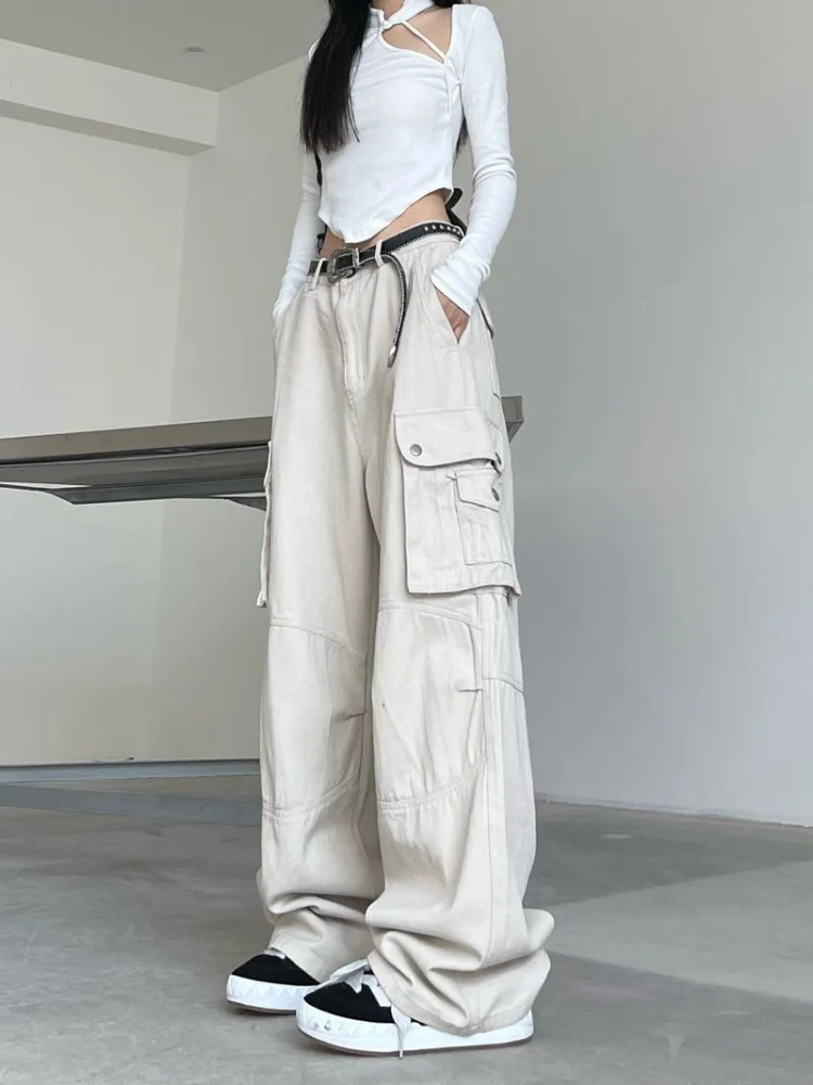 

Techwear Harajuku Beige Cargo Jeans Women Retro Y2K Streetwear Oversize Black Wide Leg Denim Pants Female Hippie Trouser