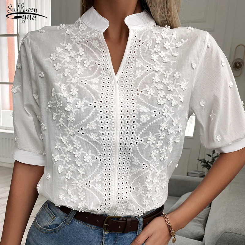 

Short Sleeve V-neck Lantern Sleeve Women's Clothing Fashion Summer Blouse Women 2022 Embroidery Cotton White Shirts Blusas 14204