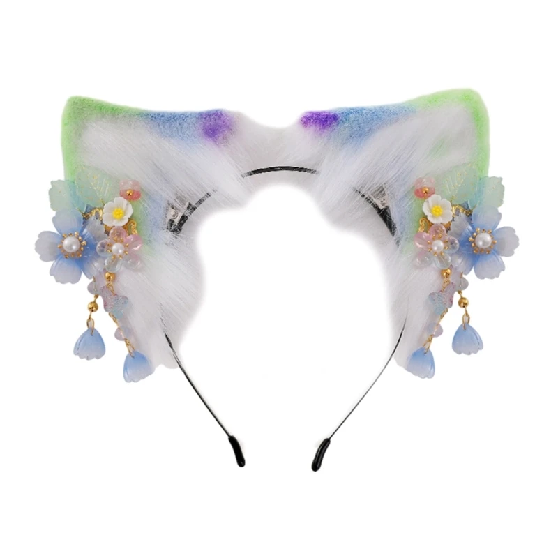 

Adult Teenagers Kitten Ear Shape Headband with Flower Colorful Easter Hair Hoop