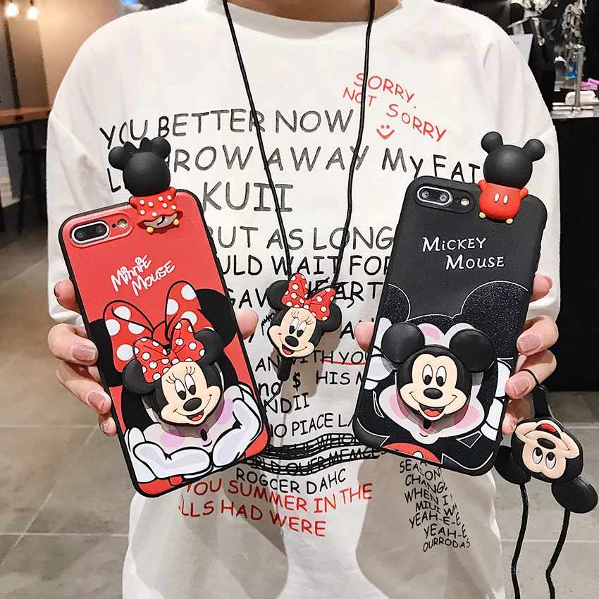 For Xiaomi Redmi 8 9 9A 9T 9C 10A 11A 10C 12C Note 7 8 9 9s 10 11 Pro POCO M3 X3 C55 Minnie Mickey Phone Case With Holder Rope images - 6