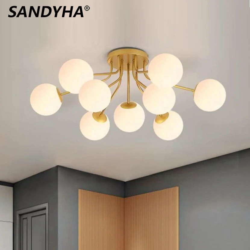 

SANDYHA Nordic Milk White Glass Ball Ceiling Lamp for Living Room Bedroom Led Chandelier Home Decor Luxe Design Lighting Fixture
