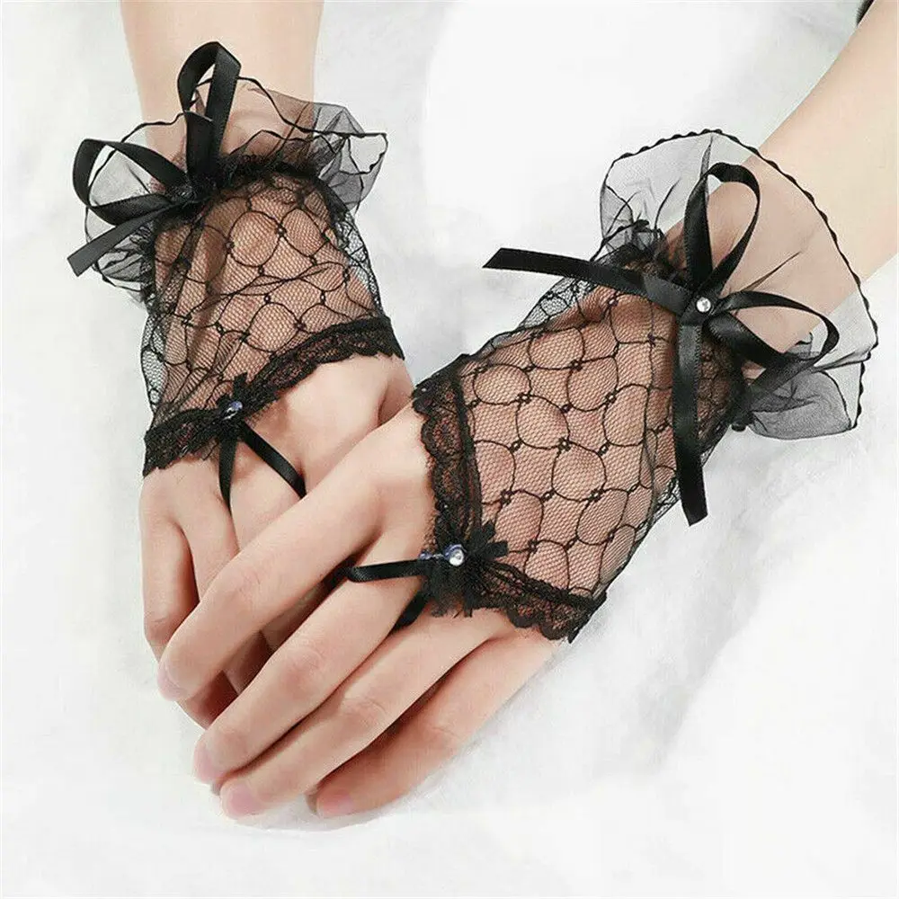 

New Ladies Short Lace Fingerless Gloves Anime Cosplay Rocky Mittens Party Bride Gloves