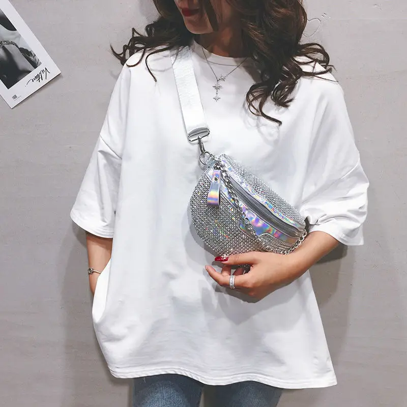 

Алмазные сумки через плечо для женщин, забавная поясная сумка, Повседневная блестящая нагрудная сумка на молнии для телефона, женские сумки...