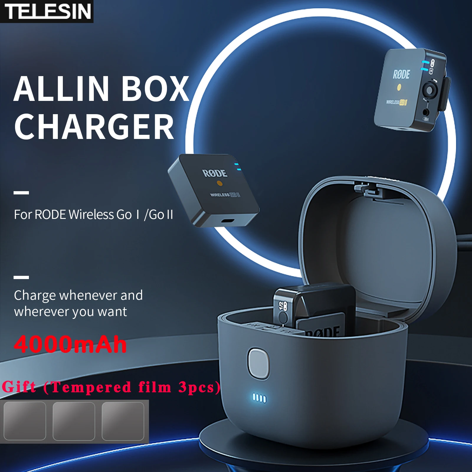 Charging Case TELESIN 4000mAh 18W Rode Wireless GO I II Wireless Lavalier Microphone One Charge 3-way Fast Charge Charger Box