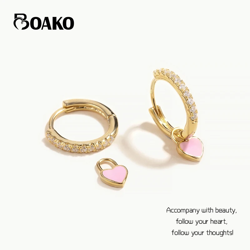 

Рождественский подарок BOAKO, серьги из настоящего серебра 925 пробы, серьги в форме сердца для женщин, черные циркониевые украшения, тренд 2021 г...