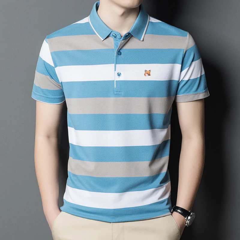 

new Mens Luxury Maison Fox Mascot Embroidery Appliqued Polo T Shirt Summer Fashion Striped Plaid Short Sleeve Men Shirt Golf Top