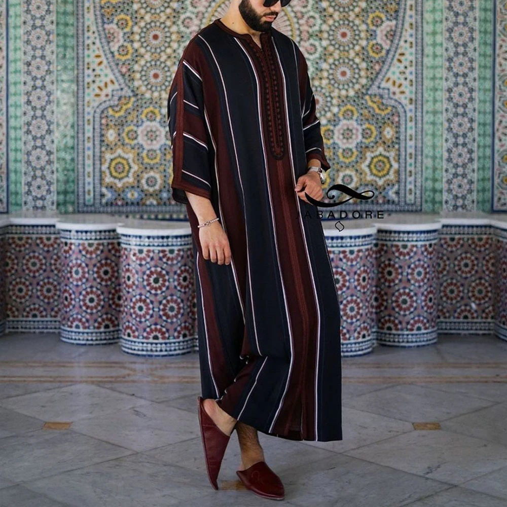 2023 Black Thin Linen Striped Cotton Men's Casual Ju'h Loose Fit Large Size Mid Sleeve Striped Print Muslim Ethnic Robe Shirt