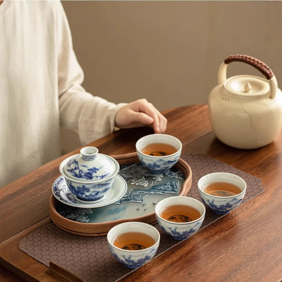 Поддельный антикварный синий и белый пейзаж Sancai Gaiwan поднос для чайной чашки один