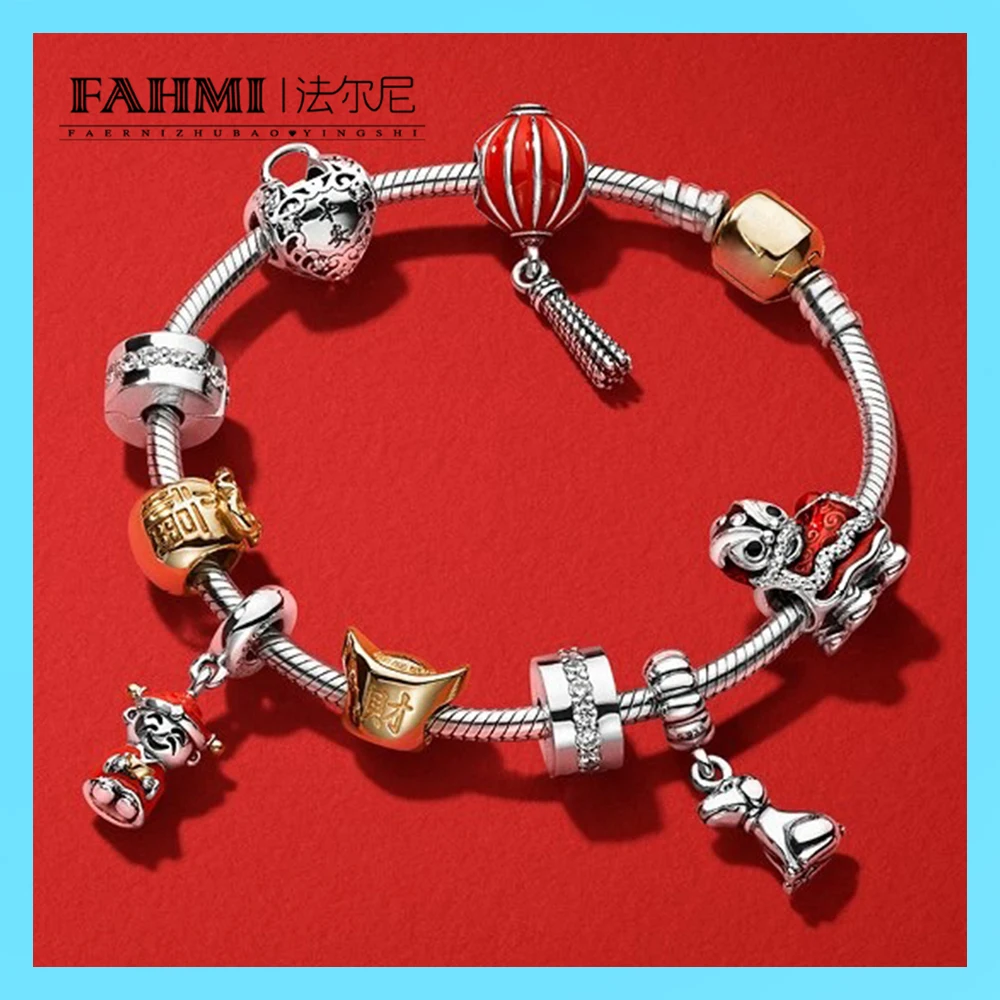 

2020 100% 925 Sterling Silver Lion Dance Money Bag Gold Charm Fortune and Luck LANTERN Pendant Spring Festival Bracelet Set