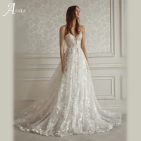 bohemian spaghetti straps wedding dresses with lace applique romantic vestidos de boda modest bride robe vintage bridal gown