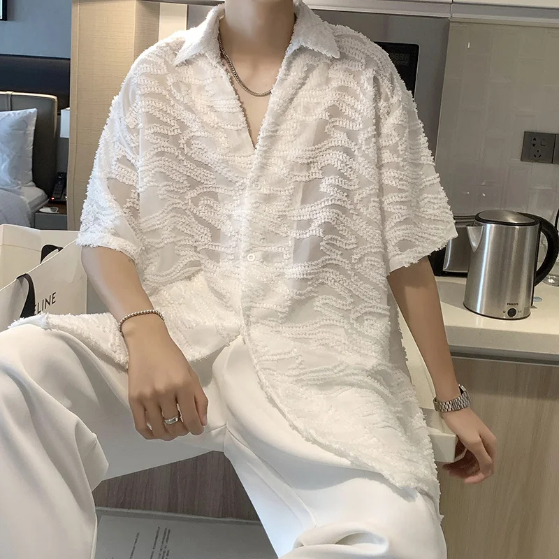 Summer Thin White Sheer Shirt Men Fashion Society Mens Dress Shirt Korean Loose Short Sleeve Shirt Mens Casual Shirt M-2XL
