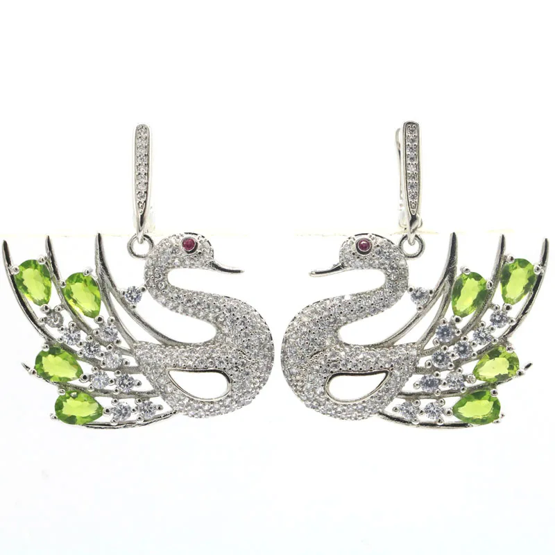 

Красивые серьги 38x32 мм в форме лебедя, Зеленый Перидот, богатые синие, фиолетовые, танзанит, турмалин, Белый CZ, серебряные серьги