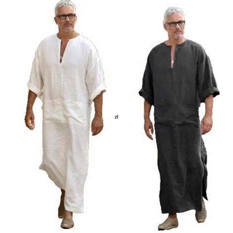 Men's Muslim Robe Cotton Linen Solid Color V-Neck Long Sleeves Loose Casual Robe Middle East Arabian Moroccan Style Kaftan 2022