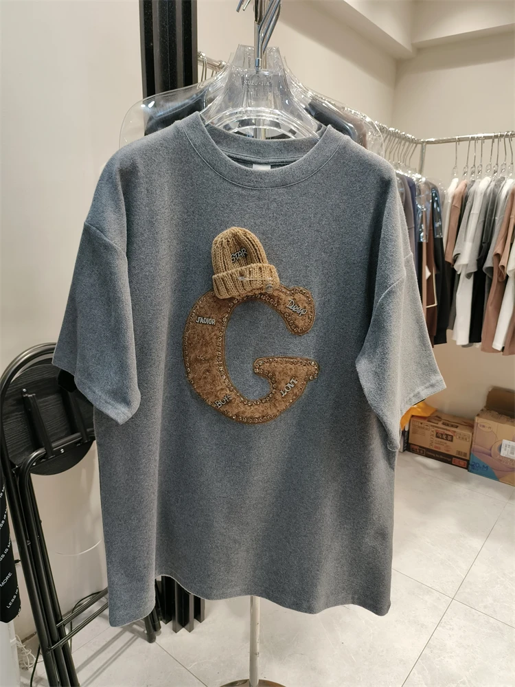 

Thicken Sanding Short Sleeve T-shirt for Mujer 2023 New Design Embroidery Letter Hat Oversize Top Mid-long Casual O-neck T Shirt