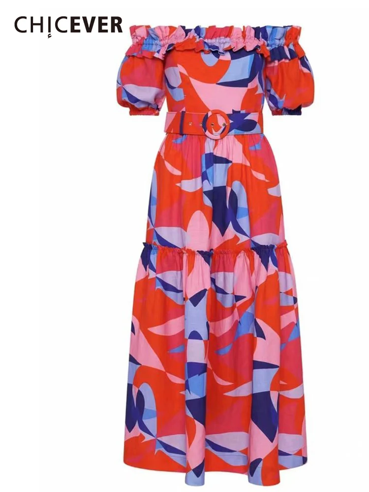 

CHICEVER Colorblock Dress For Female Slash Neck Short Sleeve High Waist Lace Up Print Dresses Women 2022 Summer Fashion Clothing