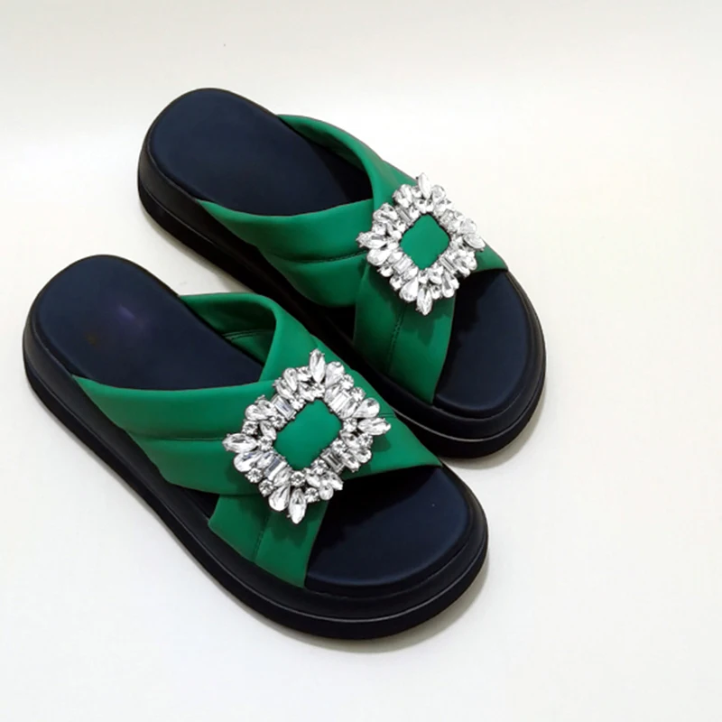 

Women Slippers Indoor Ladies Slides 2022 Summer New Fashion Rhinestones Round Toe Green Casual Outside Female Platform Shoes
