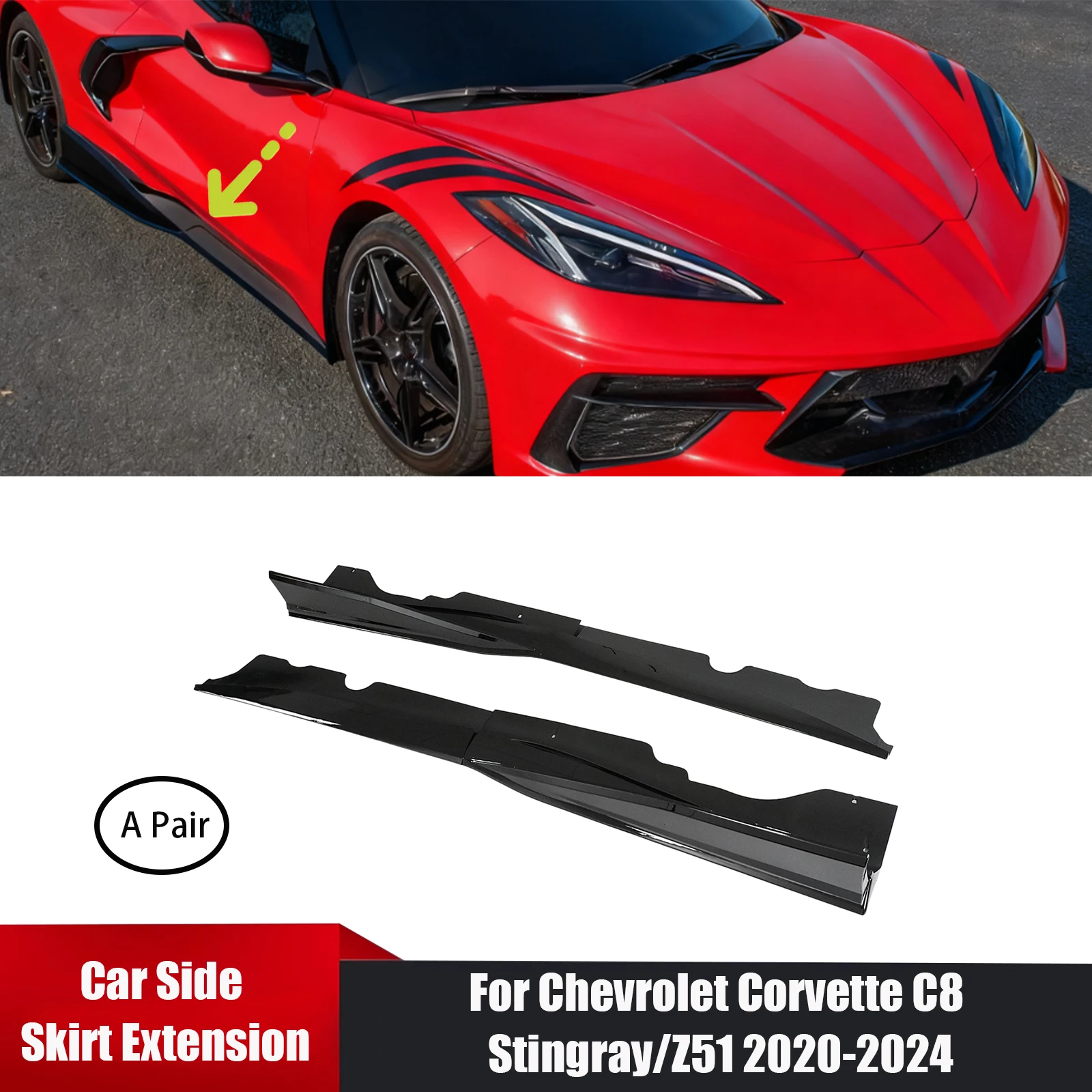 Фото Для Chevrolet Corvette C8 Stingray/Z51 2020-2024 пара из 6 шт., комплект расширения боковой юбки автомобиля, АБС-пластик, глянцевый черный №1