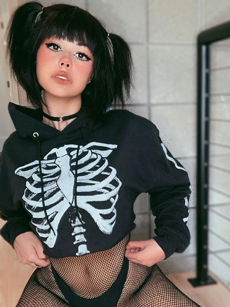 

Y2K Women's Short Hoodie Hollow Printing Long Sleeve Loose Sweater Spring and Autumn Casual High Street Black Hoodies