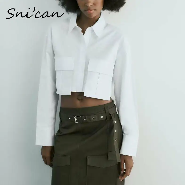 

Solid White Pockets Short Office Ladies Blouse Fashion Spring Long Sleeve Oversize Casual Women Shirts Blusas Mujer Chic Tops