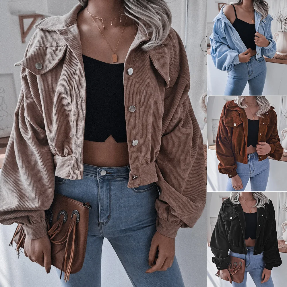 

Autumn And Winter Lantern Long Sleeve Corduroy Casual Jacket Women's Wear Three-dimensional Fit Loose Solid Color Cropped Lapels