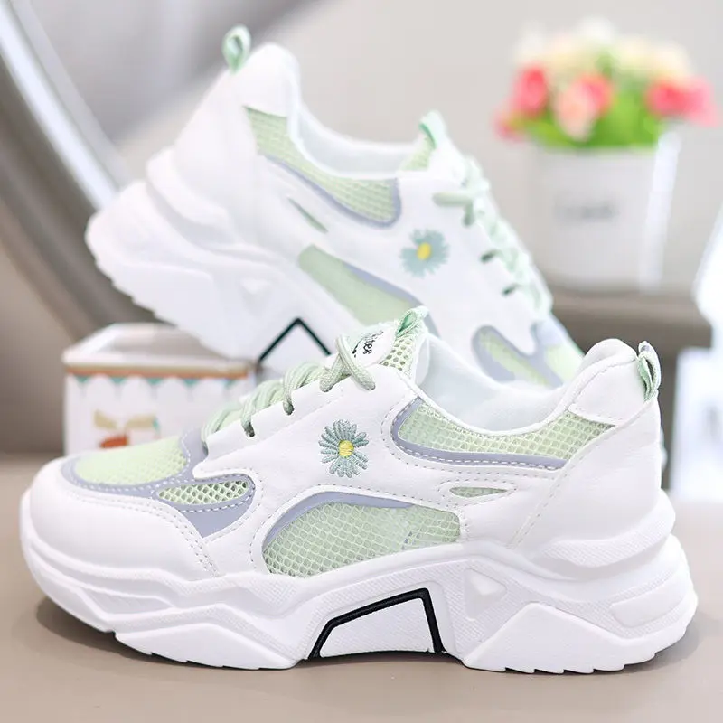 

Platform Shoes Woman New Autumn Chunky Sneakers Women Shoes Thick Bottom High Heels Flower Breathable Air Mesh Casual Shoes