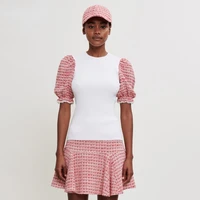 2022 summer new french pink tweed stitching puff sleeves round neck ribbed knit tops women