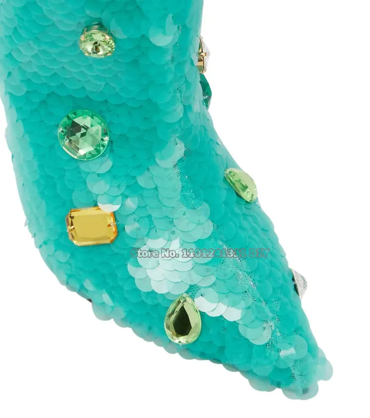 Colorful Gemstone Decor High Heel Knee High Boots Women Turquoise Green Thin High Heeled Pointy Toe Long Bota Feminina