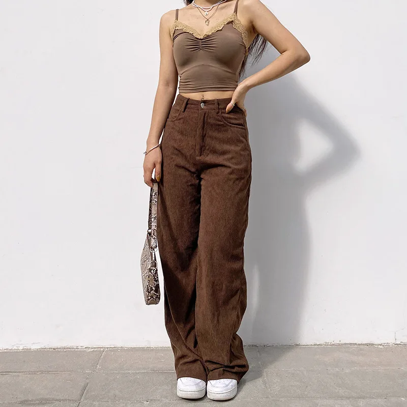 

Women Fashion Retro Super Light Core Velvet Slacks Brown Wide Leg Pants Street Style Comfortable Jeans Corduroy Woman Pants
