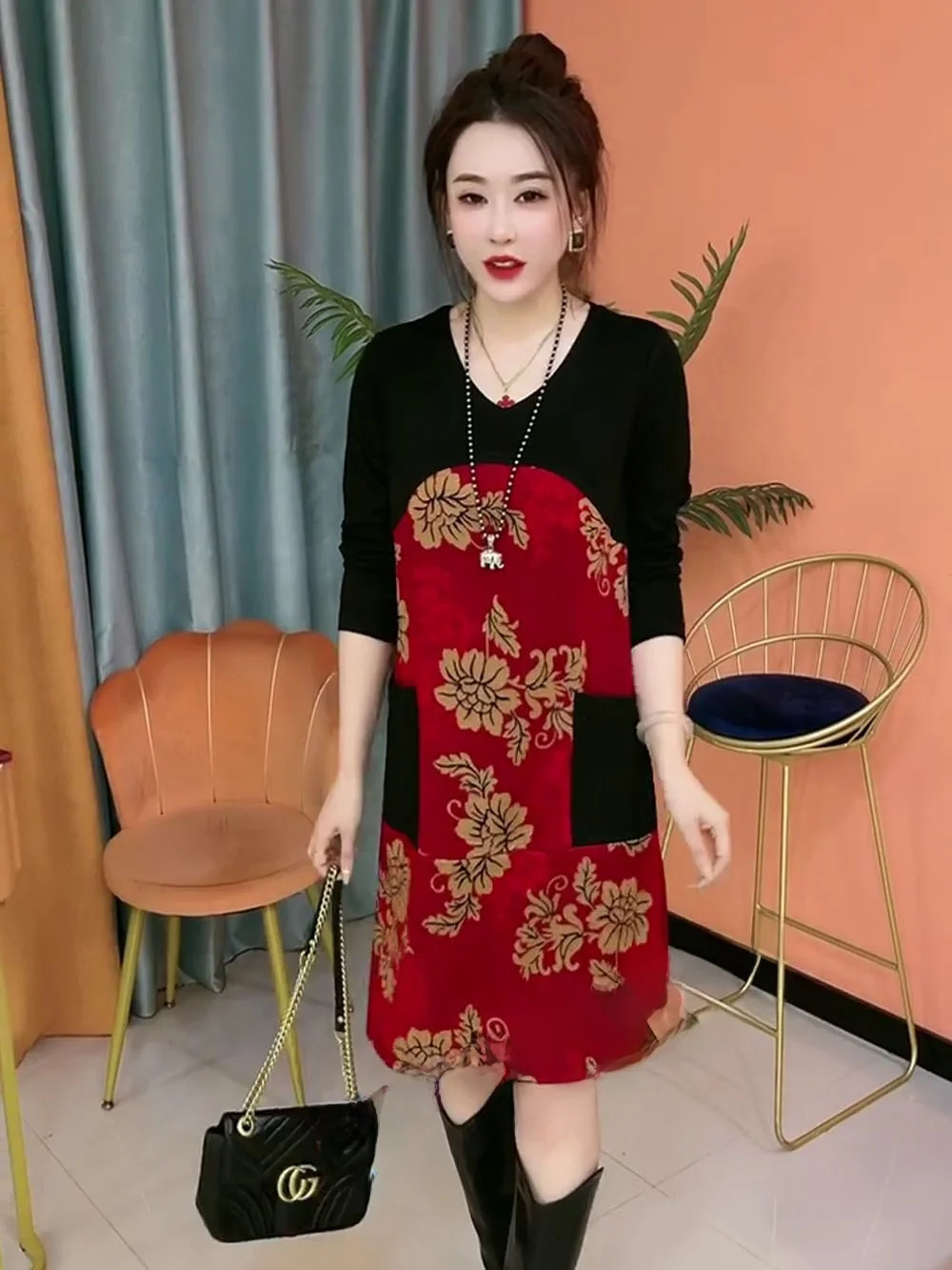 Элегантное цветное лоскутное платье в стиле ретро женская весенне-осенняя