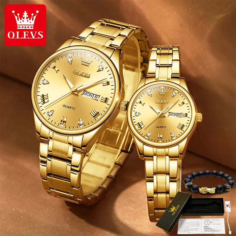 

Olevs Diamond His Hers Watch Sets For Men And Women Top Luxury Brand Waterproof Stainless Steel Couple Items For Lovers 2022