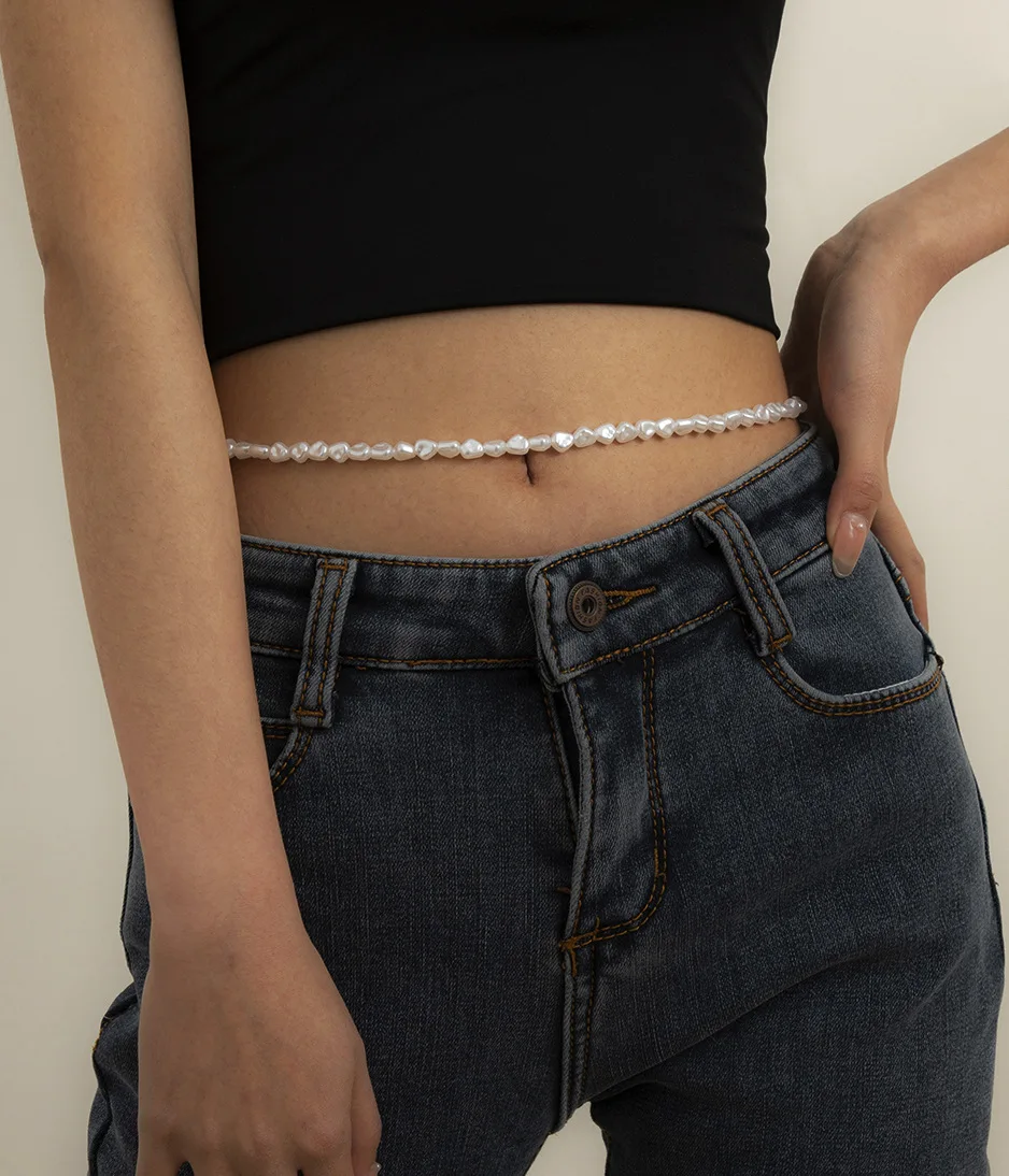 Retro temperament single-layer imitation pearl waist chain personalized metal hollow chain belt