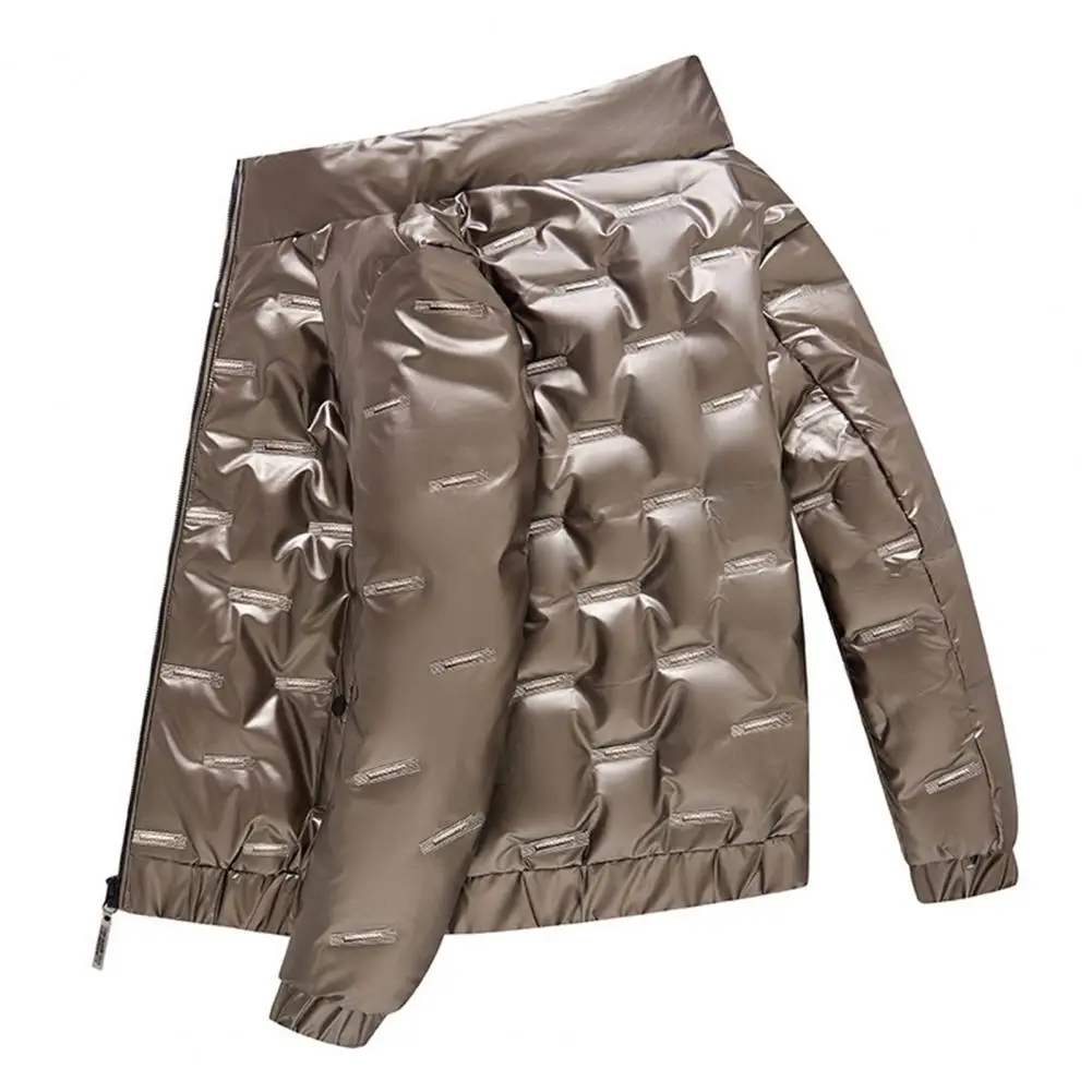 Winter Men Jacket Bright Surface Long Sleeves Stand Collar Cotton Padded Coldproof Pockets Coat Streetwear